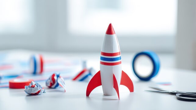Paper rocket model on a table with crafting supplies