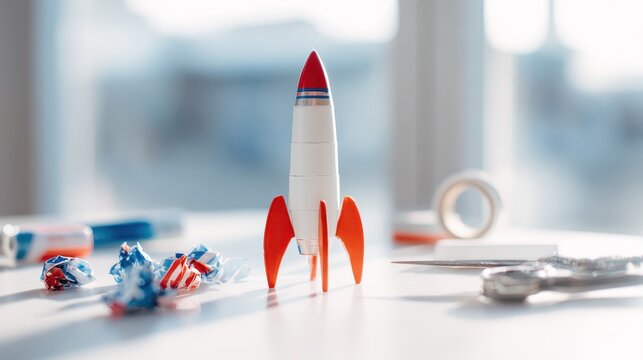 paper rocket model on desk with office supplies and natural light