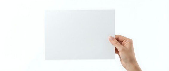 Obraz premium Hand holding blank white paper sheet against white background isolated for mockup design and presentation templates.