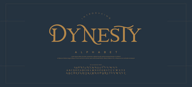 DYNESTY Luxury wedding alphabet letters font with tails. Typography elegant classic serif fonts and number decorative vintage retro concept for logo branding. vector illustration