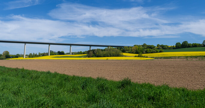 Mintard Viaduct over Rapeseed Fields and Ruhr Valley in M&uuml;lheim an der Ruhr