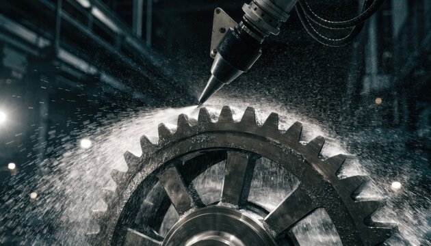 Medium shot capturing robotic nozzle performing shot peening on gear teeth showcasing automation and dynamic control in the surface strengthening process.