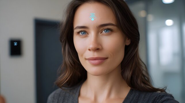 A woman displaying a subtle technological indicator on her forehead symbolizing biometric connectivity and advanced human computer interaction