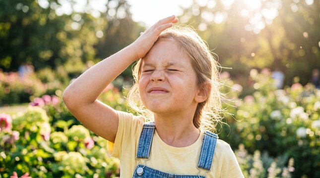 Girl shielding eyes from bright sun in flower garden. Summer outdoor play with natural sunlight. Sun protection concept for world sun day celebration