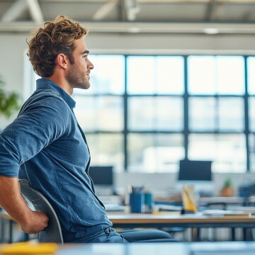 Relaxed business professional leaning on desk in industrial loft office during golden hour
