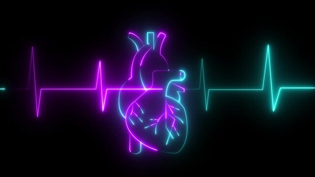 Glowing neon heart cardiogram line. Electrocardiogram show heart beat line Heart health, cardiology, cardiovascular disease concept. animation