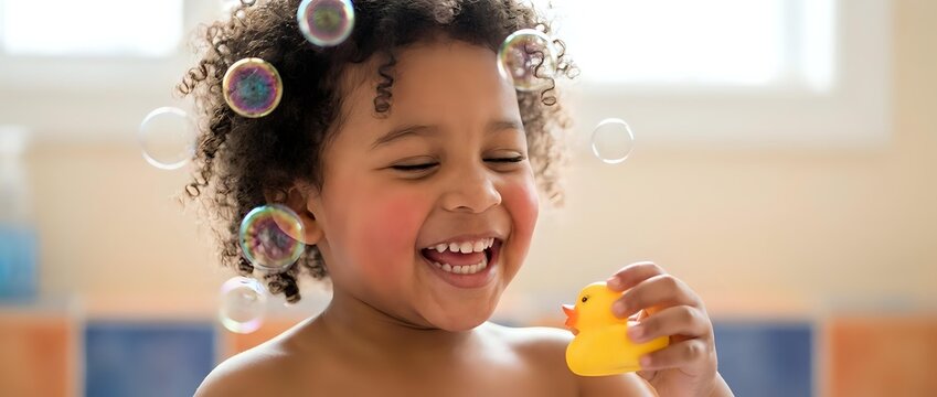 Young mixed-race toddler girl laughing joyfully while playing with yellow rubber duck during bath time, surrounded by soap bubbles in bright bathroom setting.