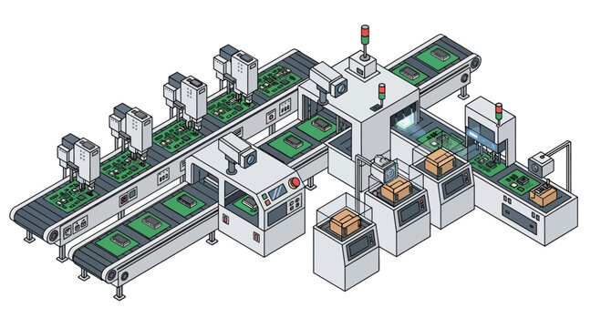 Automated factory assembly line conveyor system with packaging stations.