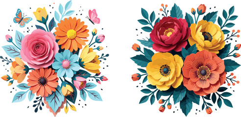 Colorful floral bouquet set with blooming flowers leaves and decorative arrangements isolated on white background for wedding greeting and botanical vector illustration design. © MstHura