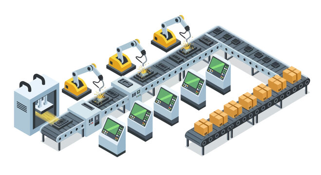 Automated packaging assembly line with robotic pickers.