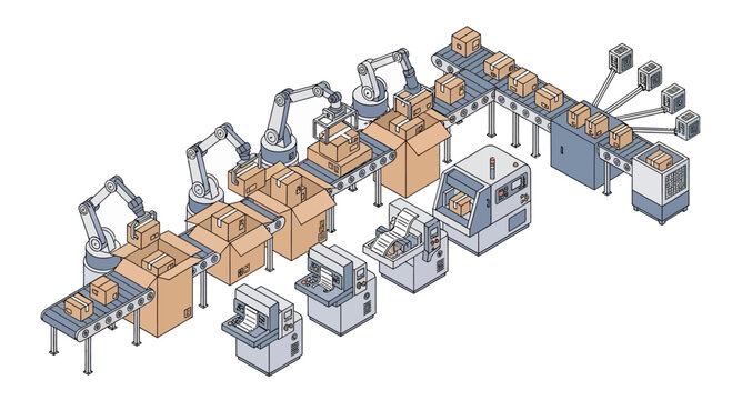 Automated robotic assembly line manufacturing equipment setup.