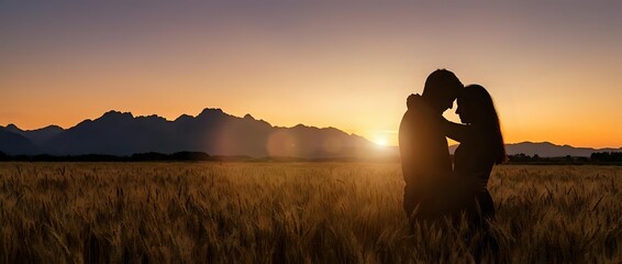 Naklejka premium Romantic couple silhouette embracing in golden wheat field at sunset with mountain backdrop creating warm intimate atmosphere for love concepts.