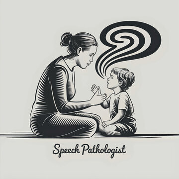 Speech Pathologist working with young boy in therapy session, vintage woodcut illustration style vector Illustration