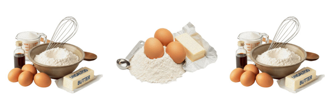 Raw Baking Ingredients Eggs Flour Butter Isolated On High Quality Transparent Background PNG Cutout Image