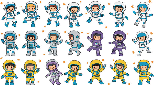 Cute astronaut character set with kids in space suits showing different poses and emotions isolated on white background for fun space themed designs.