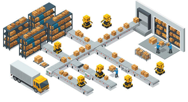 Automated warehouse conveyor with multiple small robots.