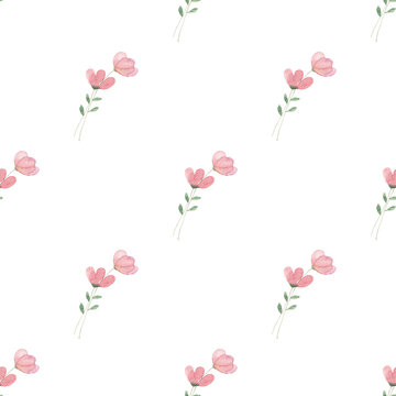 Pattern con coppie fiorellini rosa a d acquerello su sfondo bianco