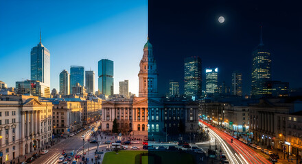 Obraz premium Dramatic cityscape contrast day and night split view of a modern metropolitan area