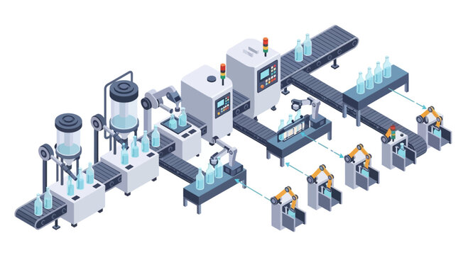 Industrial automated assembly line with conveyor workers.