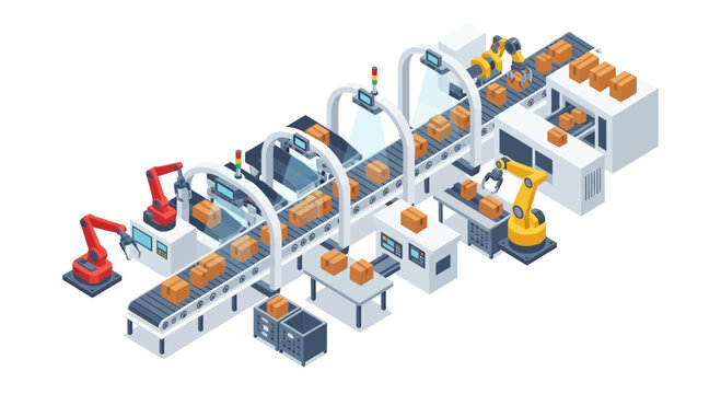 Industrial robotic assembly line with automated robotic arms.