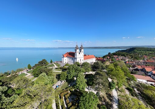 Tihany abbey and Lake Balaton with sailboats aerial view