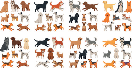 Large Collection of Flat Dog Breed Illustrations Featuring Various Pedigree Puppies in Different Poses for Pet Shop Logos, Veterinary Clinics, and Animal Care Branding © MstHura