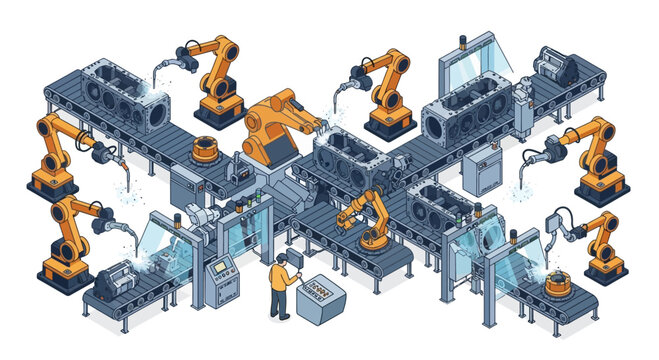Industrial robotic assembly line with multiple robotic arms.