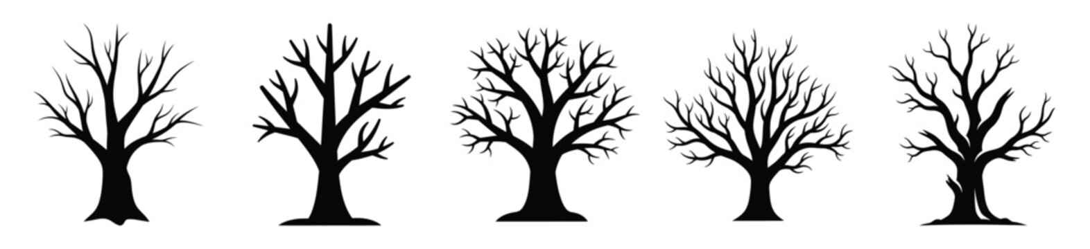 Big set of dead tree silhouettes black icon and character. Halloween Vector icons illustration on white background.