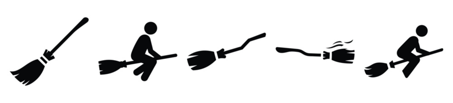 Big set of flying broomstick silhouettes black icon and character. Halloween Vector icons illustration on white background.