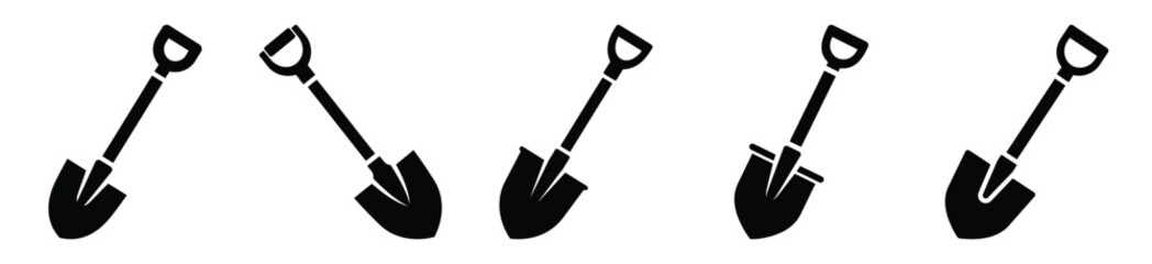 Big set of grave shovel silhouettes black icon and character. Halloween Vector icons illustration on white background. © Pallobroy