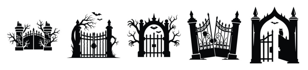 Obraz premium Big set of haunted gate silhouettes black icon and character. Halloween Vector icons illustration on white background.