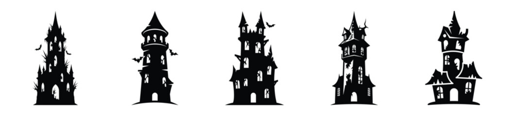 Obraz premium Big set of haunted tower silhouettes black icon and character. Halloween Vector icons illustration on white background.
