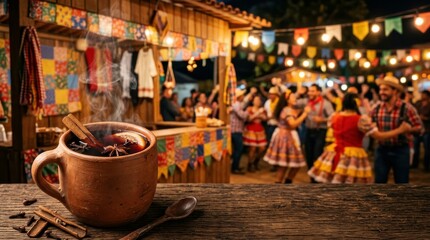 Fototapeta premium Warm mulled wine in a rustic clay mug at a traditional Brazilian Festa Junina celebration, featuring festive decorations and people dancing in the background