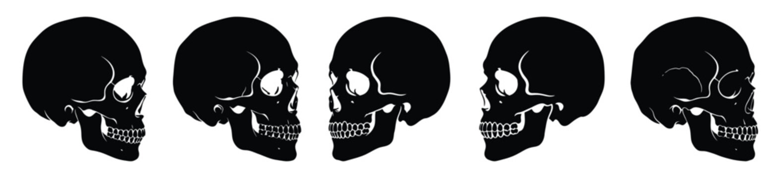 Big set of human skull side silhouettes black icon and character. Halloween Vector icons illustration on white background.
