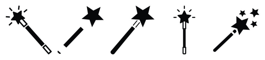 Big set of magic wand silhouettes black icon and character. Halloween Vector icons illustration on white background. © Pallobroy