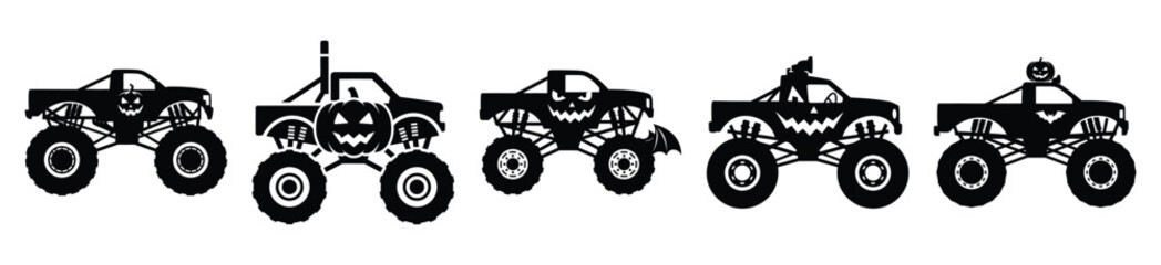 Big set of monster truck halloween silhouettes black icon and character. Halloween Vector icons illustration on white background. © Pallobroy
