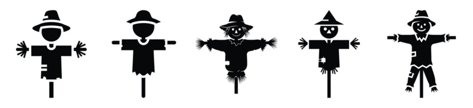 Big set of scarecrow  simple silhouettes black icon and character. Halloween Vector icons illustration on white background.