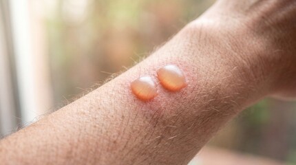 Fototapeta premium Mans wrist with clear blisters and red hives on skin. Allergic reaction symptoms visible closeup. Awareness for world asthma and allergy day health education and prevention concept