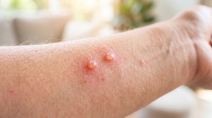 Fototapeta premium Mans arm with red blister rash and hives. Closeup of allergic skin reaction. Concept for world allergy awareness and asthma day awareness