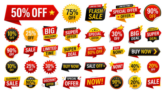 Collection of sale and discount stickers on white background