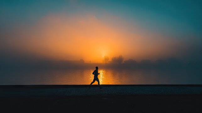 Silhouette of person running during sunset with orange and blue sky