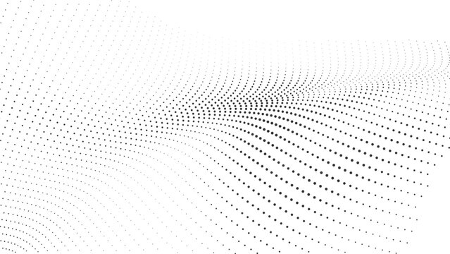 Abstract minimal halftone dot wave pattern with soft flowing curves on white background, subtle geometric motion texture, modern clean digital design composition