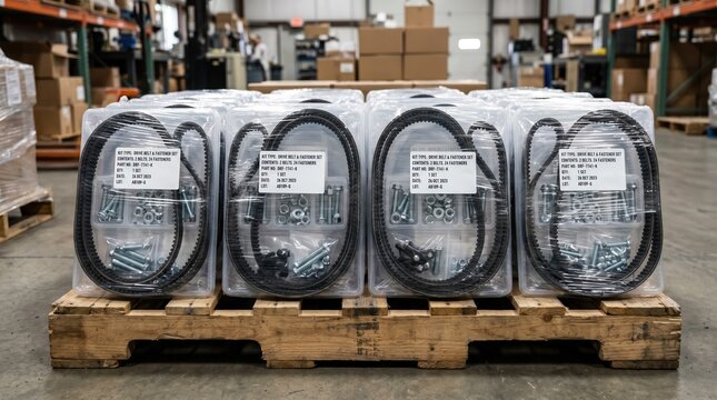 Medium shot showing shrinkwrapped kits combining belts and fasteners ready for distribution with clear labeling on each set.