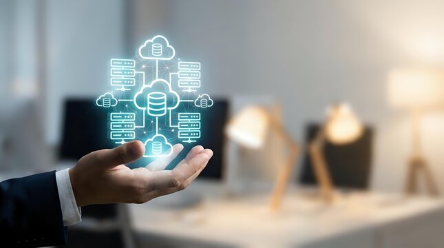 Businessman hand presenting holographic cloud computing network diagram with connected data servers and digital infrastructure technology concept.