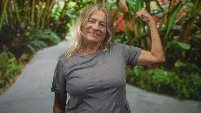 Senior woman flexes right arm showing bicep on lush forest path wearing gray t shirt, smiling at camera; confidence strength.