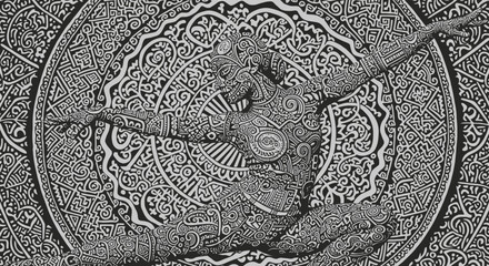 Intricate human form with ornamental patterns in black and white design
