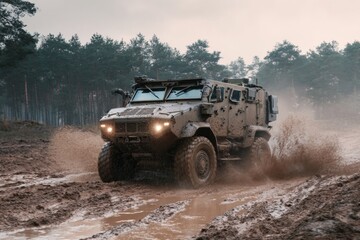 Fototapeta premium Armored Personnel Carrier Navigates Challenging Muddy Terrain During Intense Military Training Exercise