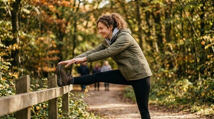 Fototapeta premium Active Woman Stretching Leg on Wooden Fence on Autumn Forest Trail