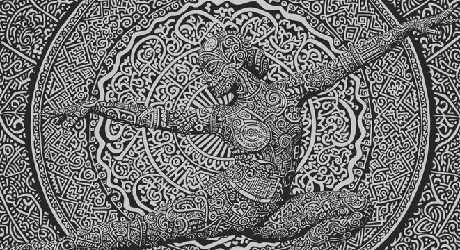 Intricate human form with ornamental patterns in black and white design