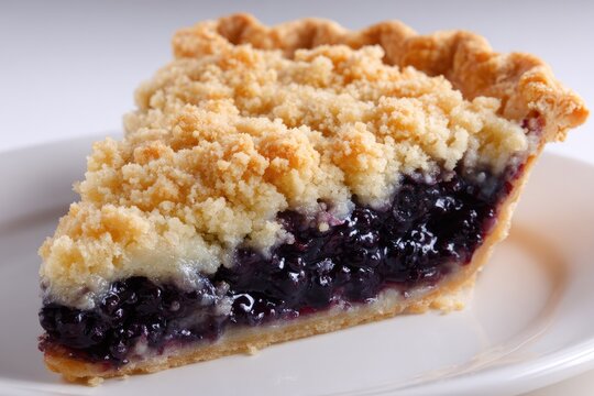 Slice of blueberry pie with crumb topping on white plate close up